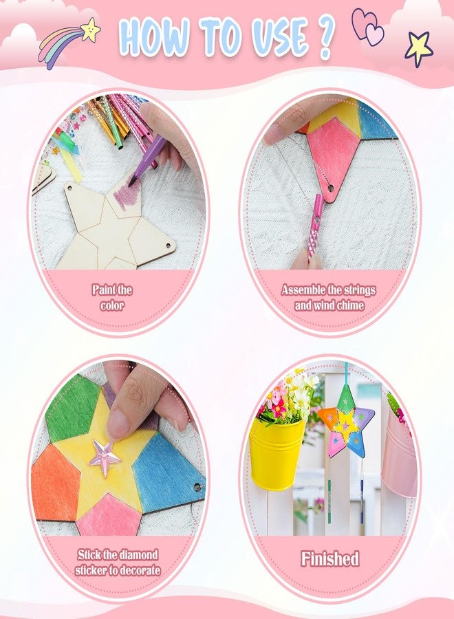 TREACLUB 12 Pack Star Wind Chime Kits for Kids, Make Your Own Star Wind Chime Wooden Craft for Girls Boys DIY Coloring Wood Art and Craft for Birthday Gift Party Decoration - Image 4